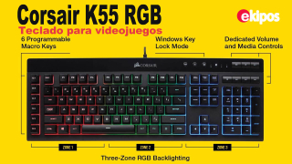 Corsair K55 RGB Teclado para videojuegos – Resistencia al polvo y al agua IP42 – 6 teclas macro programables – Teclas multimedia especiales – Reposamanos desmontable i- CH-9206015-es  